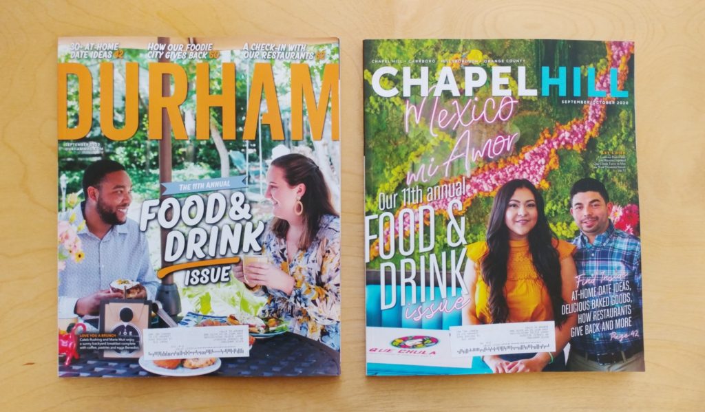 Two magazines covers, one showing Durham magazine and one showing Chapel Hill magazine.