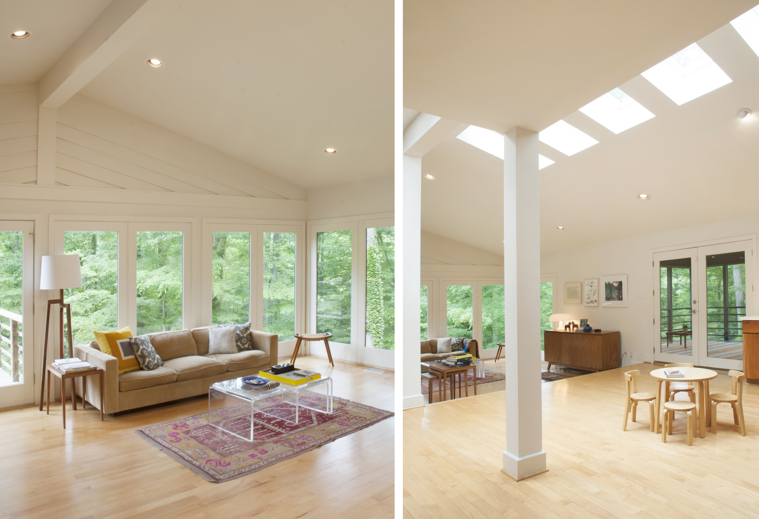 A collage of two images of the living room showing the seating area surrounded by windows and the row of skylights that bring a peaceful glowing light into the space
