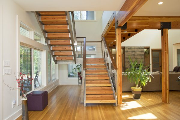Light and airy steel staircase with wood treads