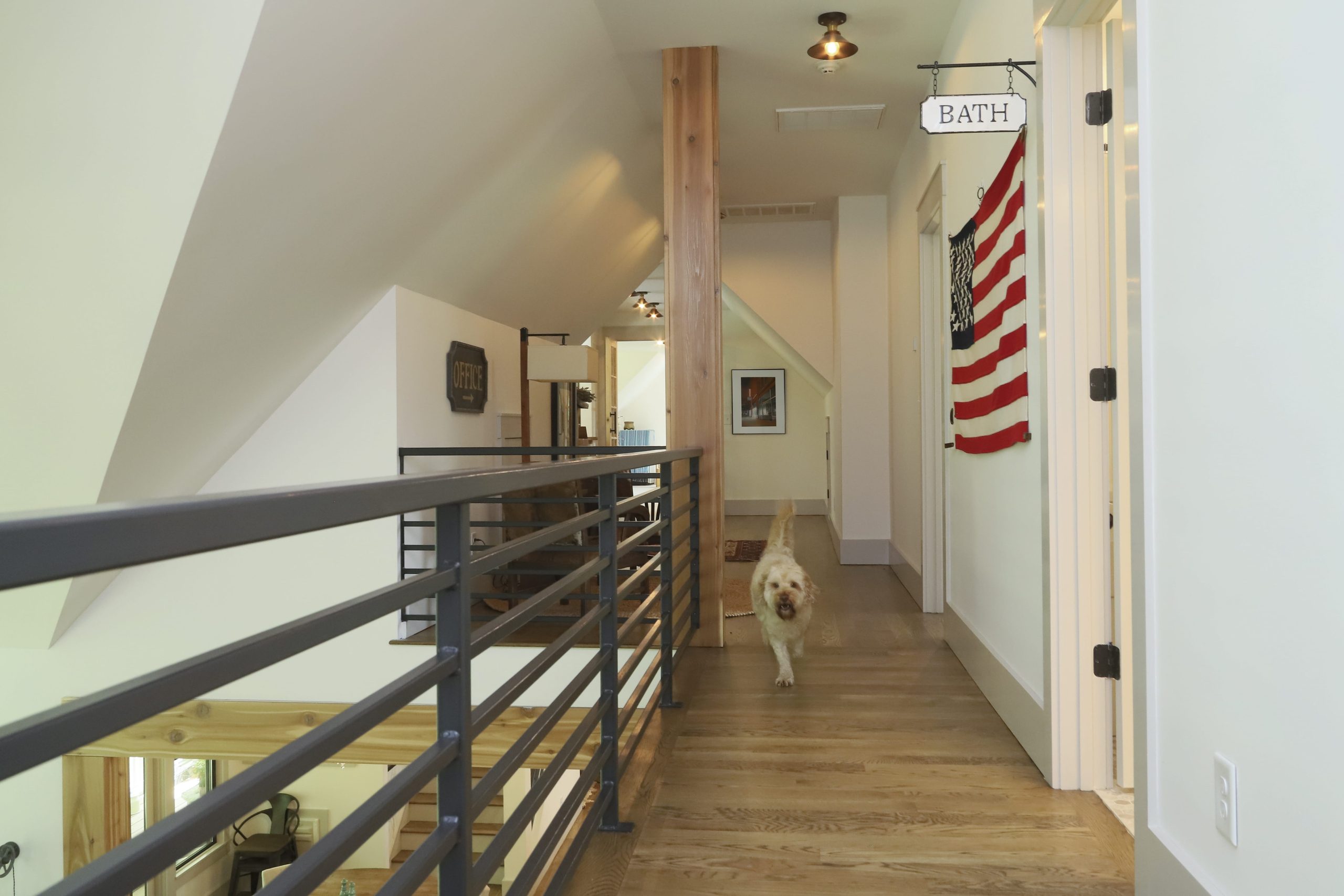 A fluffy dogs runs down the upstairs mezzanine, accented with metal railings and heavy wood structural elements.